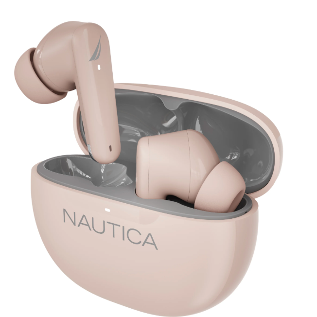 Beige wireless earbuds with charging case