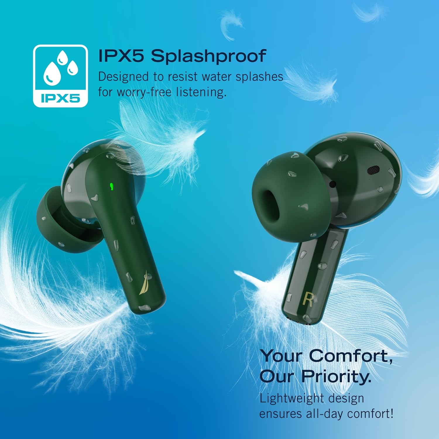 Green wireless earbuds with IPX5 splashproof