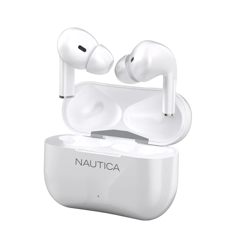 Branded wireless earbuds white