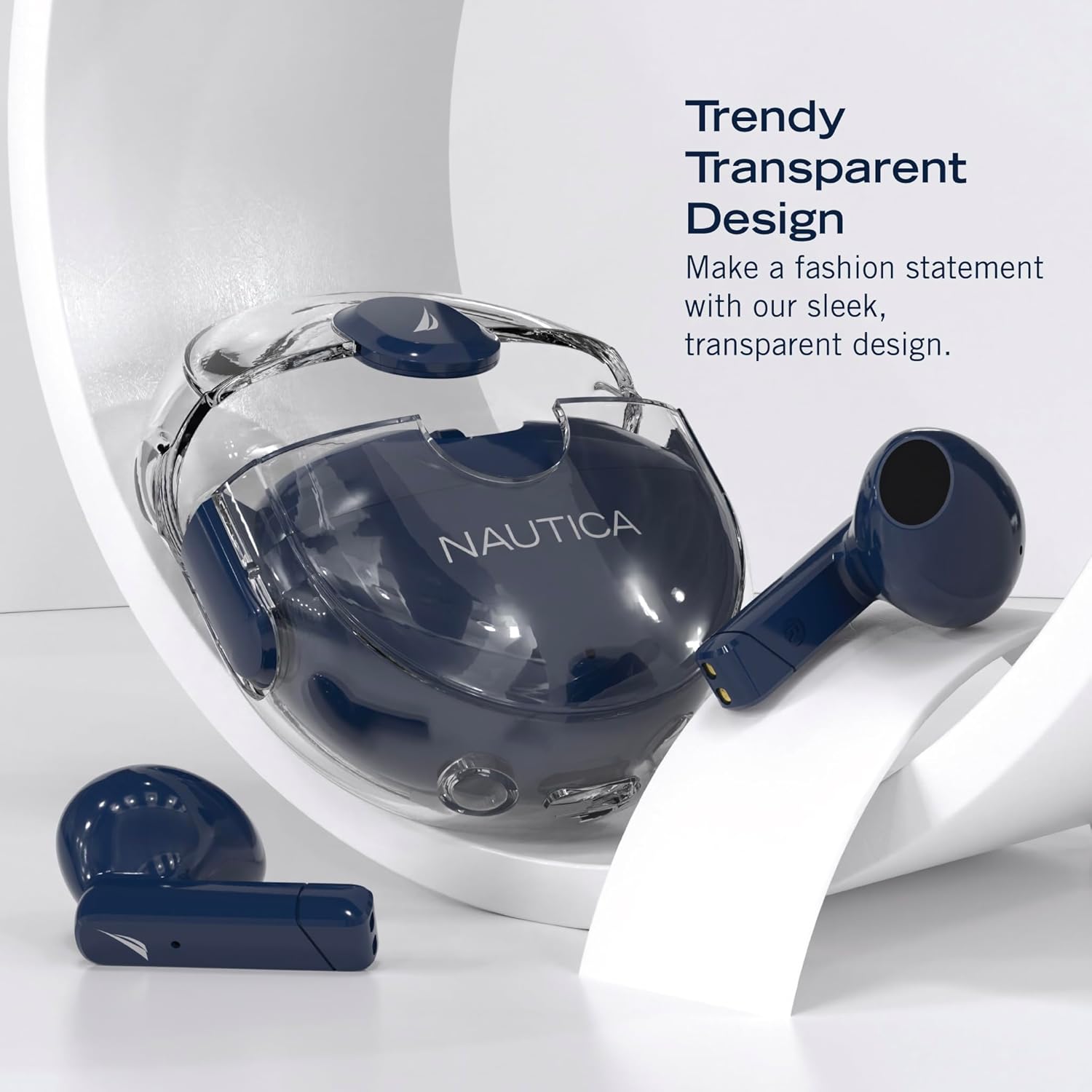 Transparent blue earbuds with case