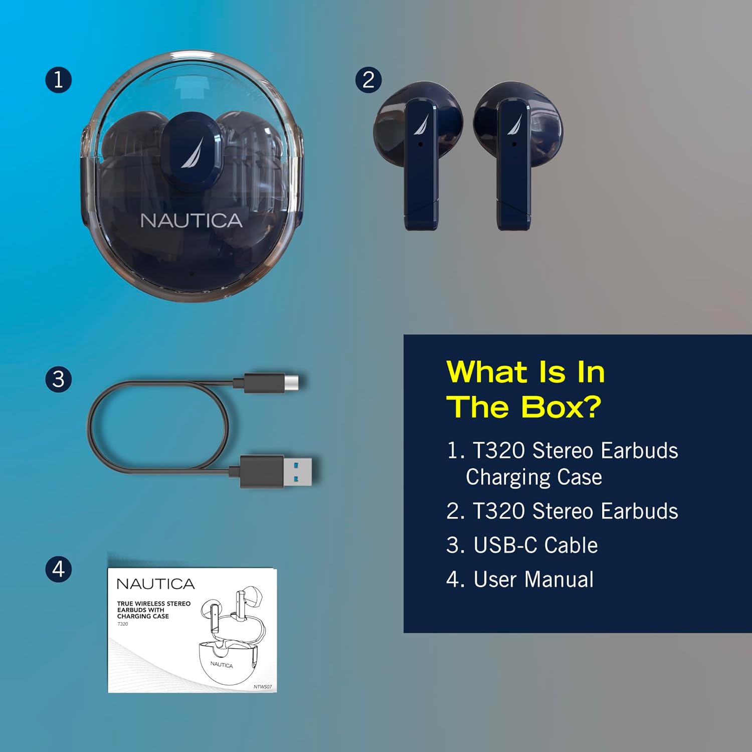 earbuds, USB-C cable, and user manual 