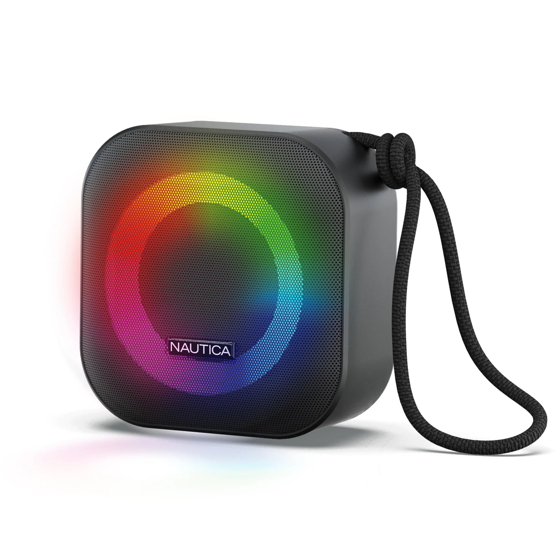 Black portable speaker with rainbow gradient 