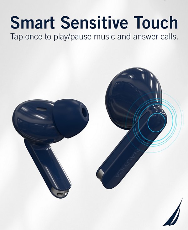 Blue wireless earbuds with touch controls